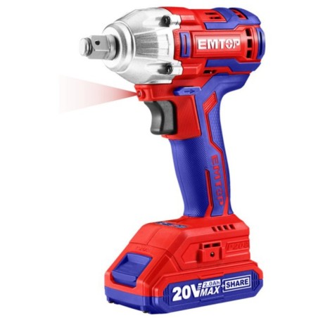 PISTOLA DE IMPACTO 1/2" 300NM EMTOP BATERÍA 20V - P20S - (CON VASOS 17-19-21; BAT X2, CARG, BOLSA)