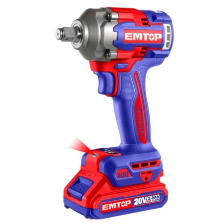 PISTOLA DE IMPACTO 1/2" 400NM EMTOP BATERÍA 20V - P20S - (CON VASOS 17-19-21; BAT X2, CARG, MALETIN)