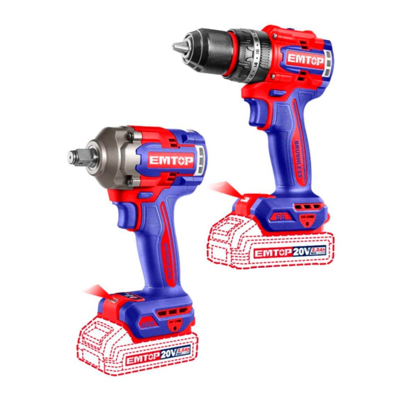 KIT TALADRO 66NM + PISTOLA 400NM 20V EMTOP (INCLUYE 2 BATERIAS 2Ah, CARGADOR, MALETIN)