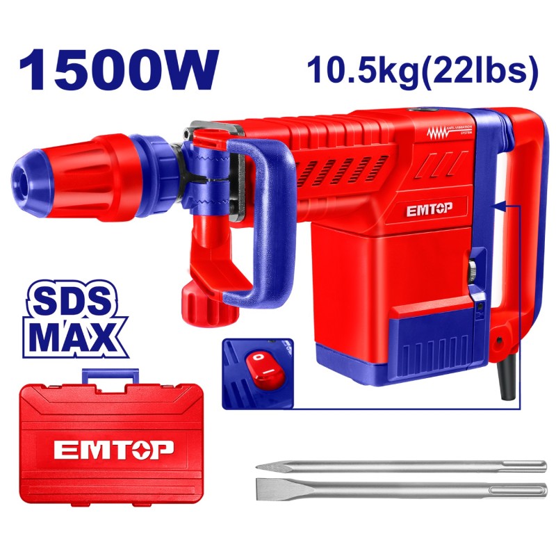 MARTILLO DEMOLICION 1500W 6-25J EMTOP (TIPO SDS MAX - ANTIVIBRACION - 2 CINCELES - CON MALETIN)