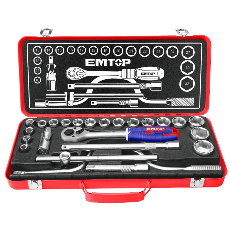 MALETIN AUTOCLE 24 PIEZAS 1/2" Cr-V EMTOP (INCLUYE VASOS 10-32, CARRACA Y EXTENSIONES)