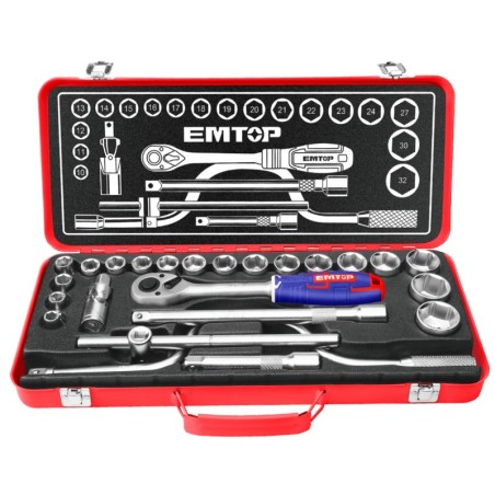 MALETIN AUTOCLE 24 PIEZAS 1/2" Cr-V EMTOP (INCLUYE VASOS 10-32, CARRACA Y EXTENSIONES)