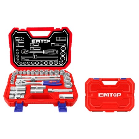 MALETIN 28 PIEZAS 1/2" Cr-V EMTOP (INCLUYE VASOS 10-32,CARRACA Y EXTENSIONES)