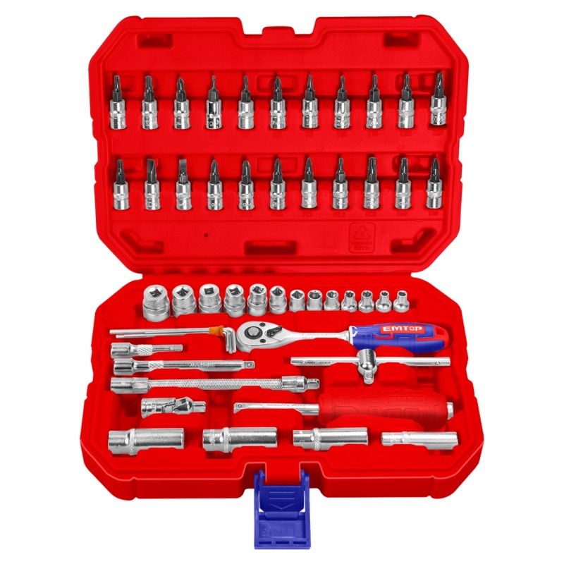 MALETIN 50 PIEZAS 1/4" Cr-V EMTOP (INCLUYE VASOS 4-14, LLAVES Y EXTENSIONES)