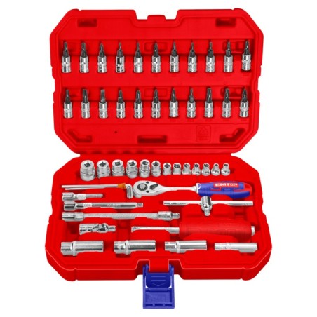 MALETIN 50 PIEZAS 1/4" Cr-V EMTOP (INCLUYE VASOS 4-14, LLAVES Y EXTENSIONES)
