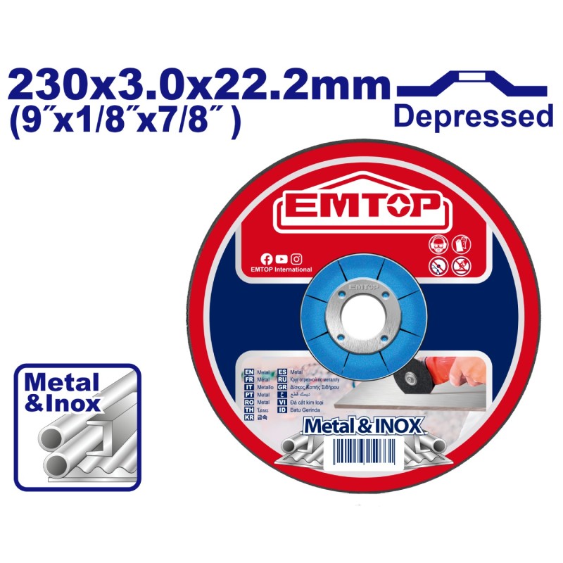 DISCO ABRASIVO CORTE METAL AMOLADORA 230MM 3.0MM EMTOP