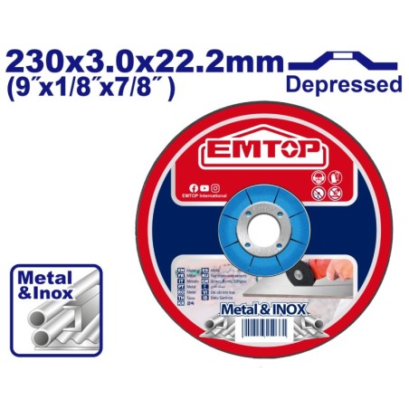 DISCO ABRASIVO CORTE METAL AMOLADORA 230MM 3.0MM EMTOP