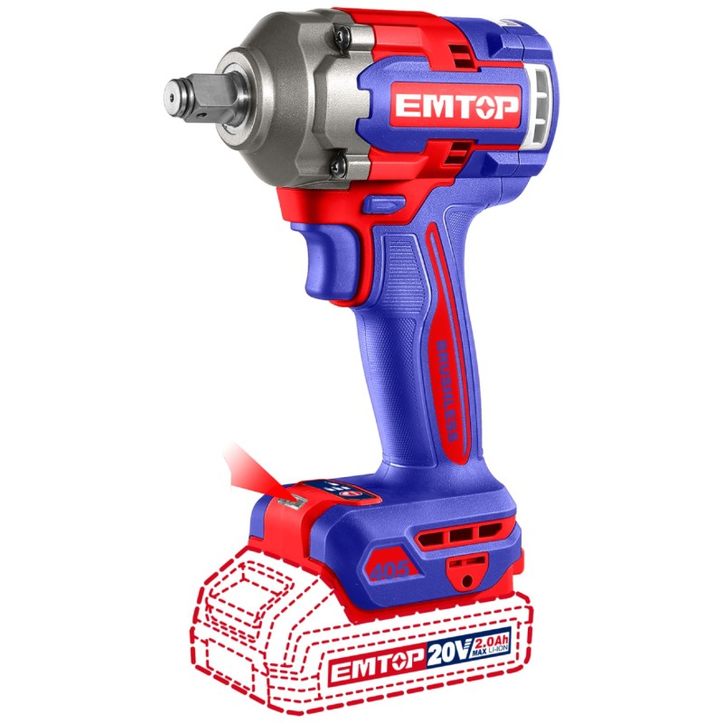 PISTOLA DE IMPACTO 1/2" 405NM EMTOP BATERÍA 20V - P20S - (CON VASOS 17-19-21; BAT X2, CARG, MALETIN)
