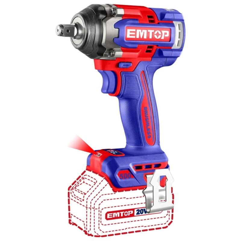 PISTOLA DE IMPACTO 1/2" 500NM EMTOP BATERÍA 20V - P20S - (CON VASOS 21-22-24; BAT X2 4Ah, MALETIN)