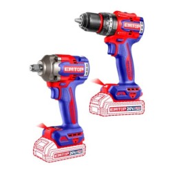 KIT TALADRO 66NM + PISTOLA 400NM 20V EMTOP (INCLUYE 2 BATERIAS 2Ah, CARGADOR, MALETIN)