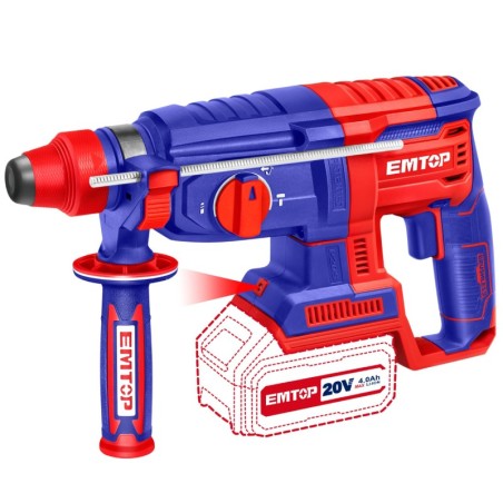 MARTILLO SDS PLUS BATERIA EMTOP 20V 2J 26mm P20S (INCLUYE 3 BROCAS Y 1 CINCEL)