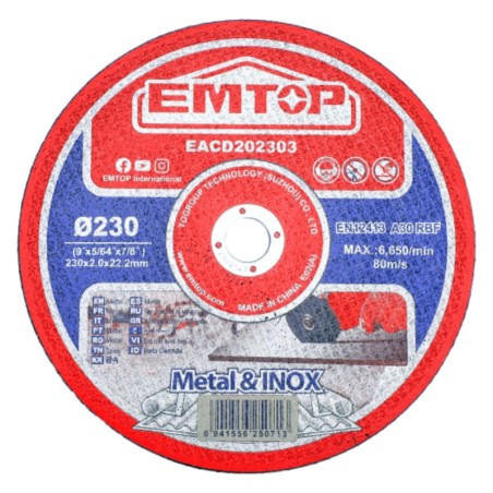 DISCO CORTE METAL AMOLADORA 230MM 2,00MM EMTOP